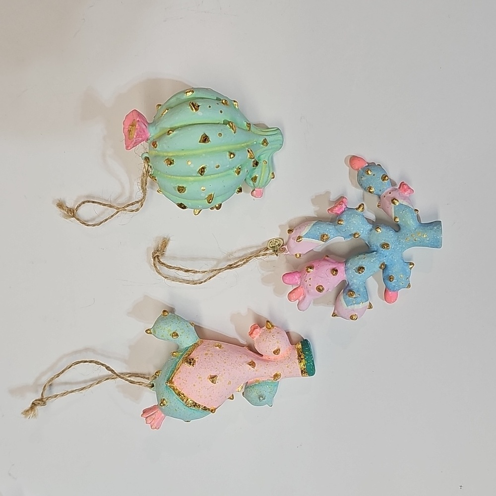 S/3 Glitterville Handpainted + Gold Leafed Colorful Cactus Succulents Ornaments